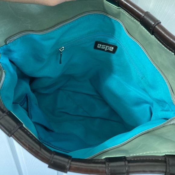 ESPE shoulder purse. Grey green in colour with dark brown handles. - Picture 4 of 4